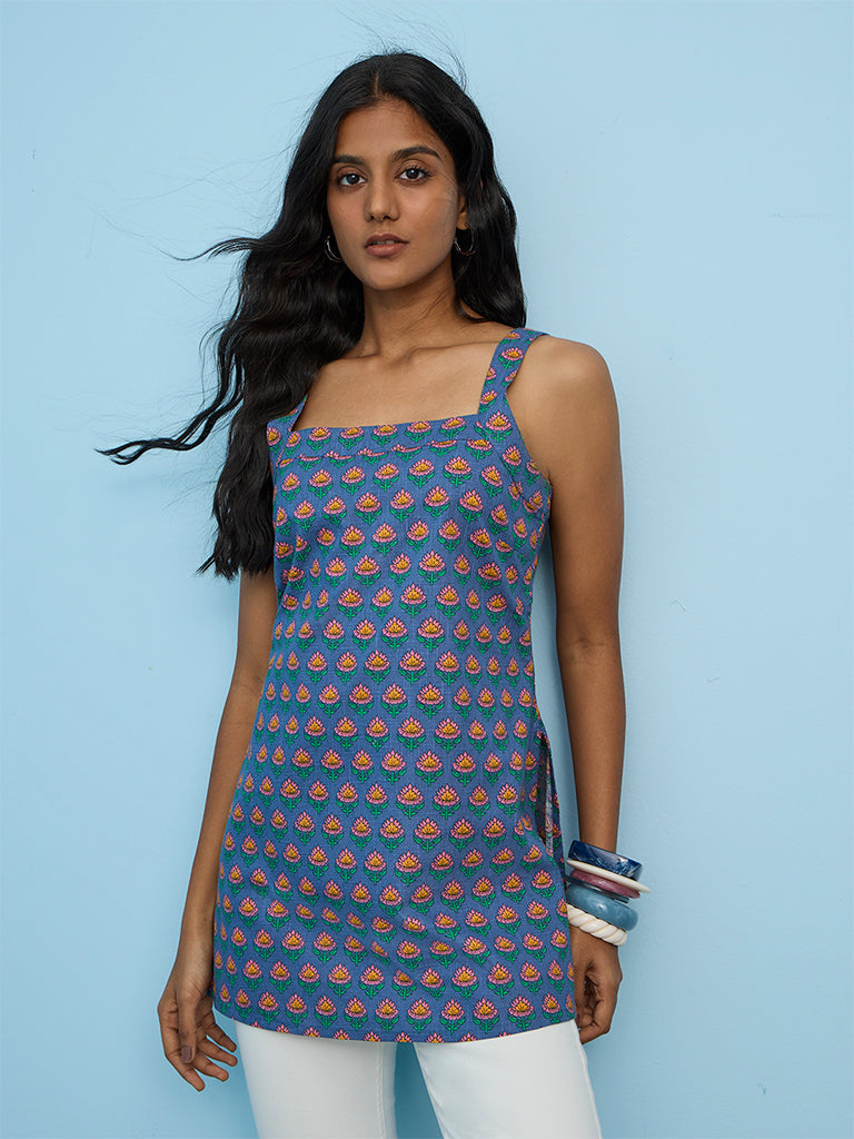 Utsa Blue Floral Printed Cotton Tunic