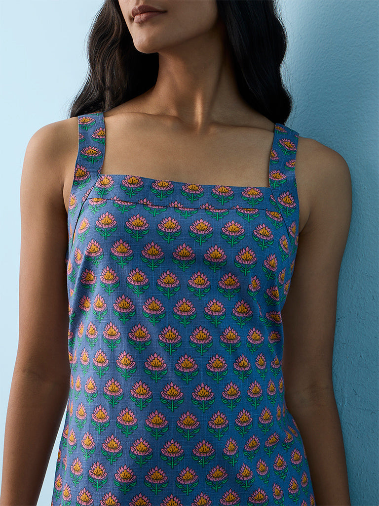 Utsa Blue Floral Printed Cotton Tunic