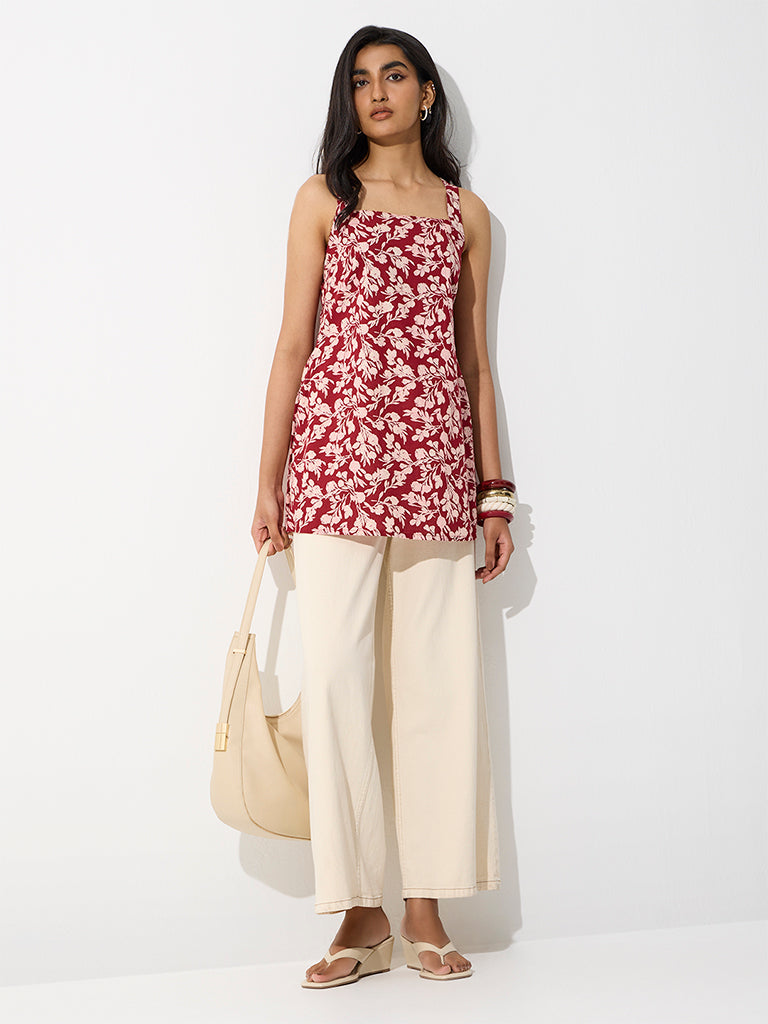 Utsa Red Floral Printed Cotton Tunic