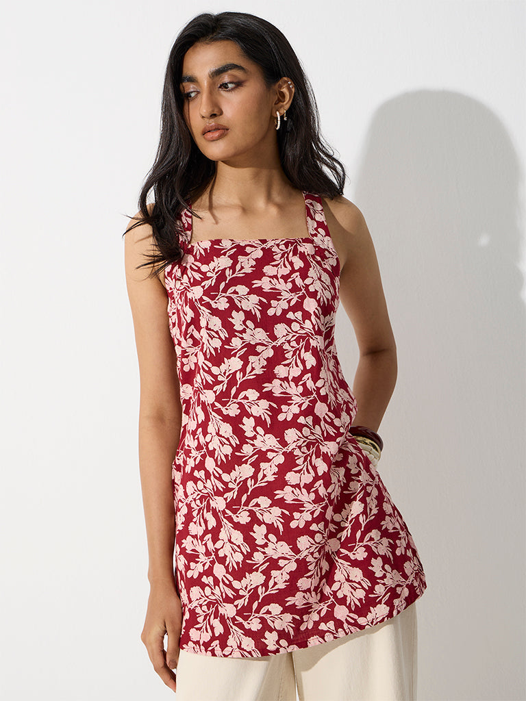 Utsa Red Floral Printed Cotton Tunic