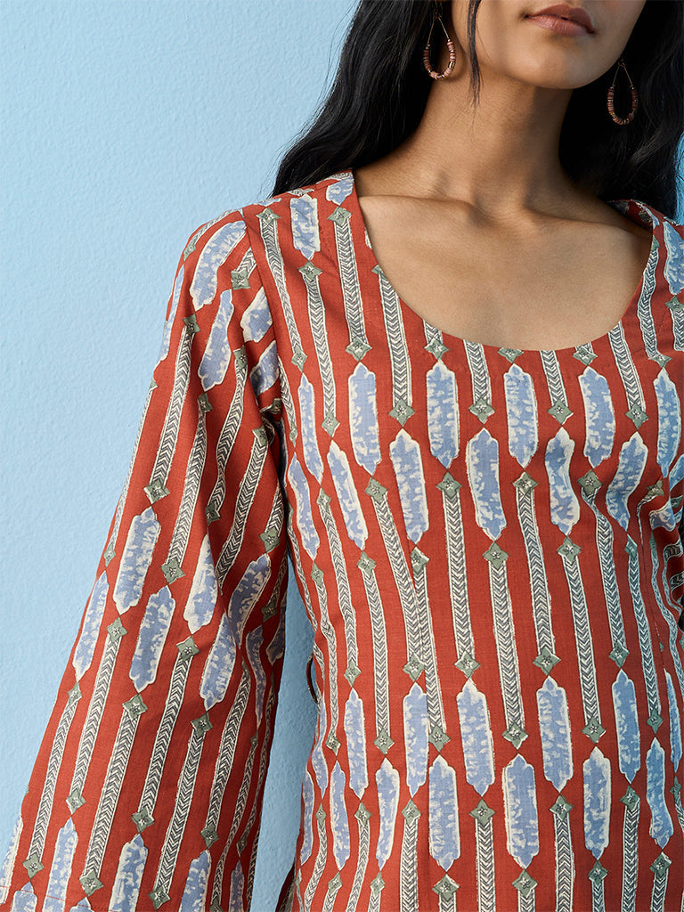 Utsa Red Printed Cotton Kurti