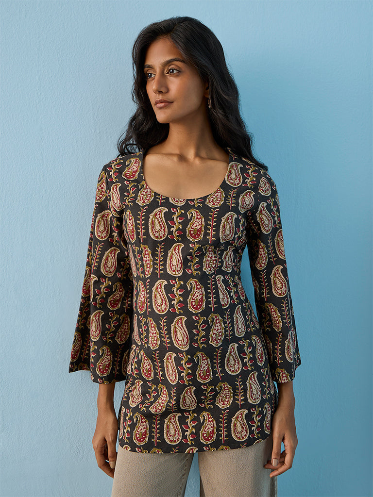 Utsa Black Paisley Printed Cotton Tunic