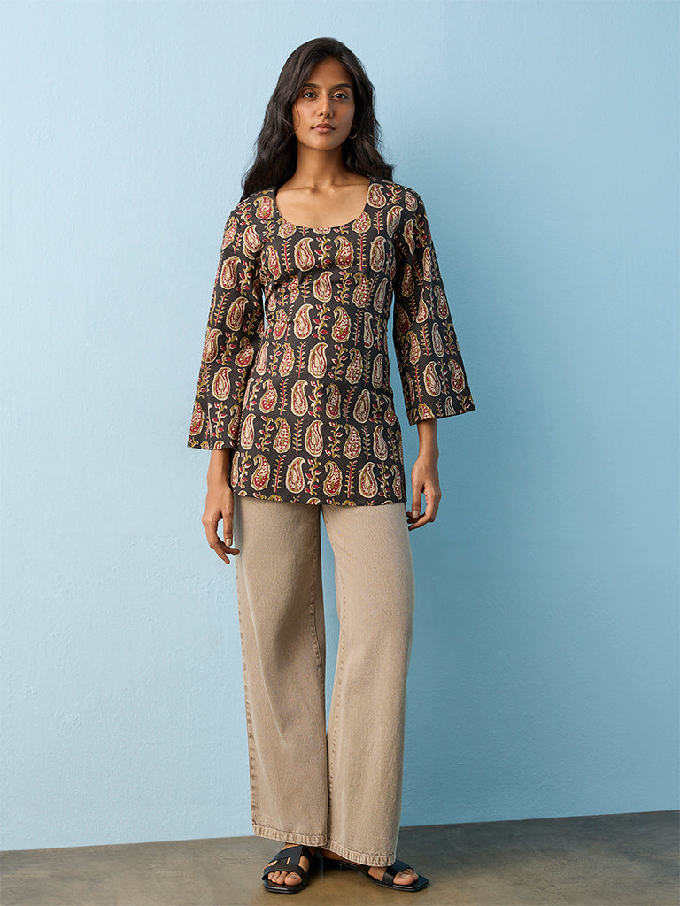 Utsa Black Paisley Printed Cotton Tunic