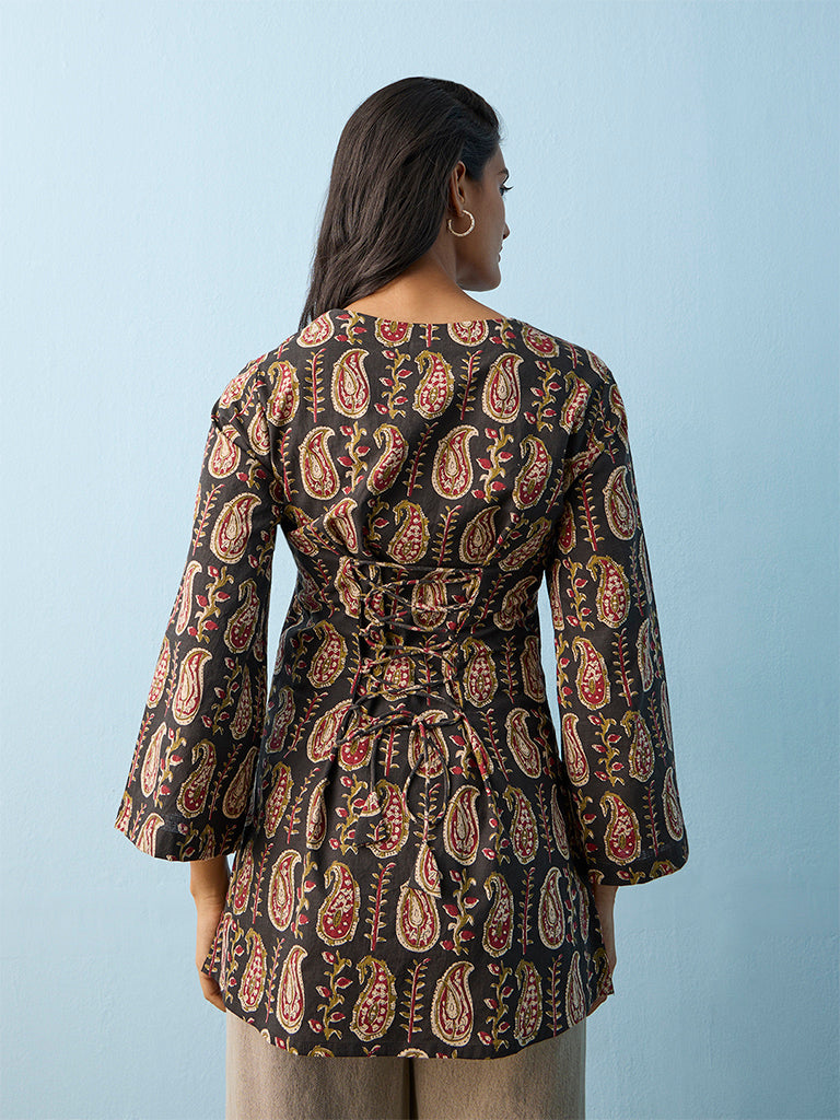Utsa Black Paisley Printed Cotton Tunic