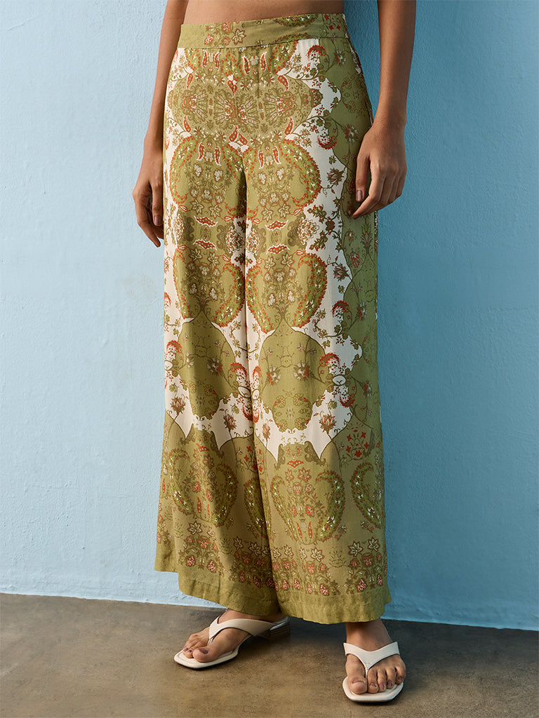 Utsa Green Floral Printed Palazzos