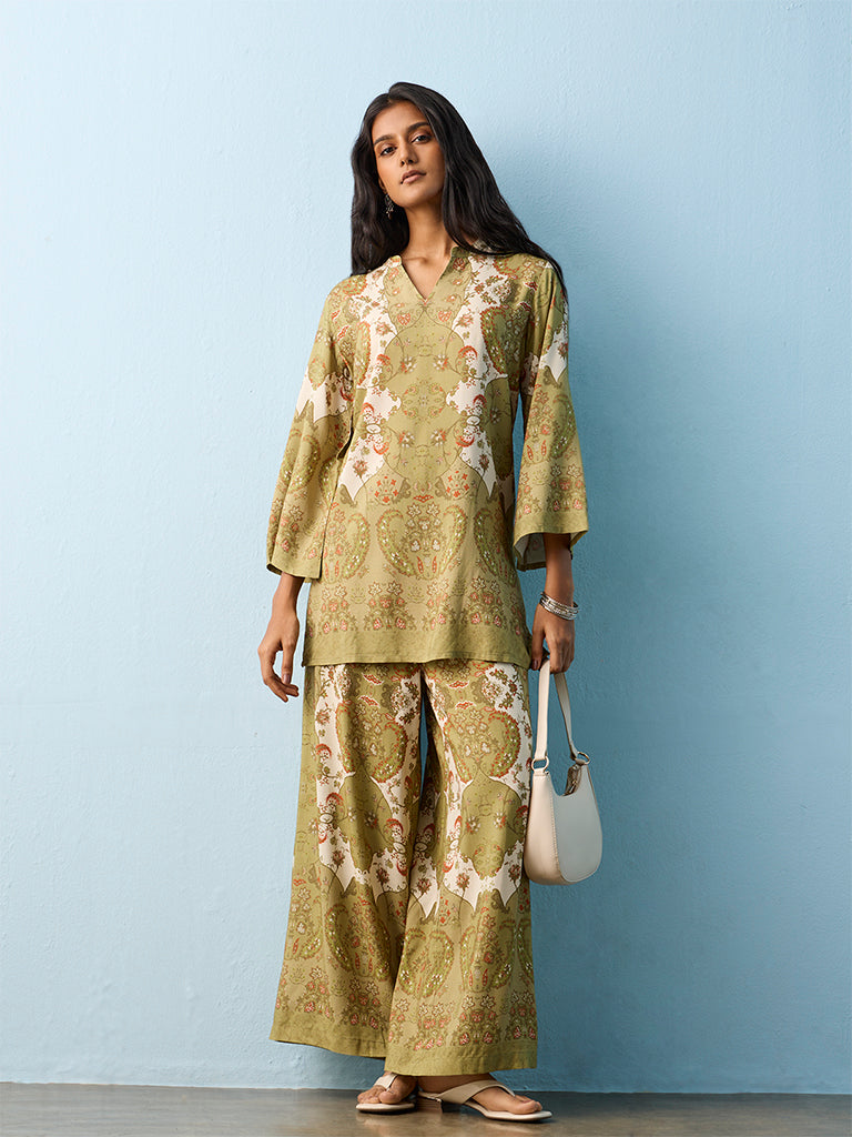 Utsa Green Floral Printed Palazzos