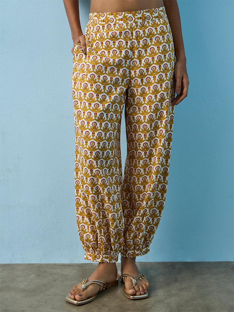 Utsa Off-White Floral Printed Harem Pants
