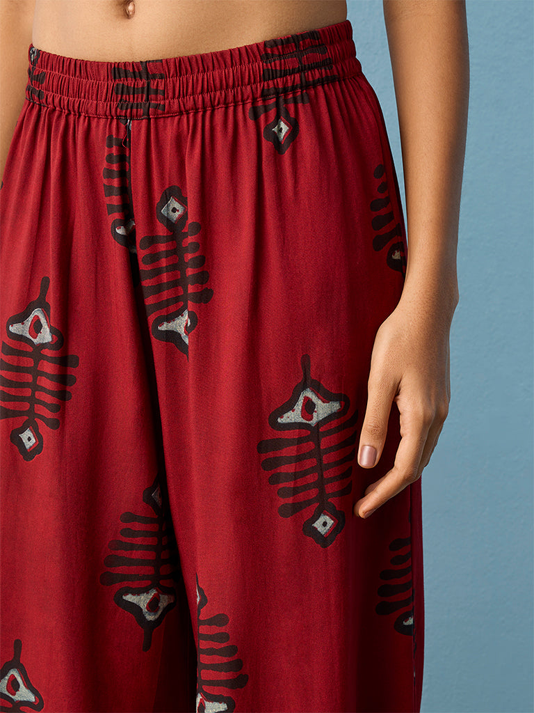 Utsa Red Fish Printed Palazzos