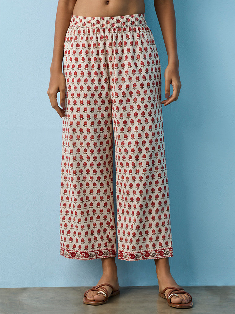 Utsa Beige Floral Printed Cotton-Blend Pants
