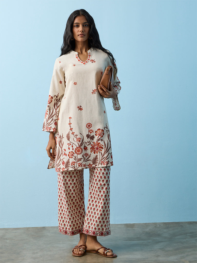 Utsa Beige Floral Printed Cotton-Blend Pants