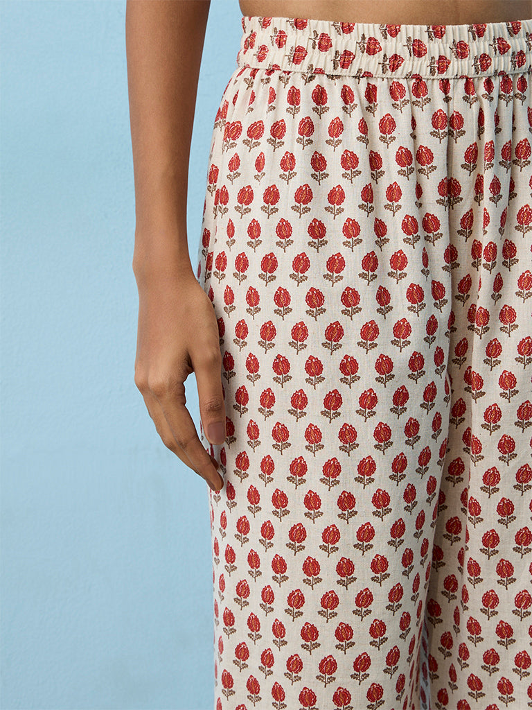 Utsa Beige Floral Printed Cotton-Blend Pants