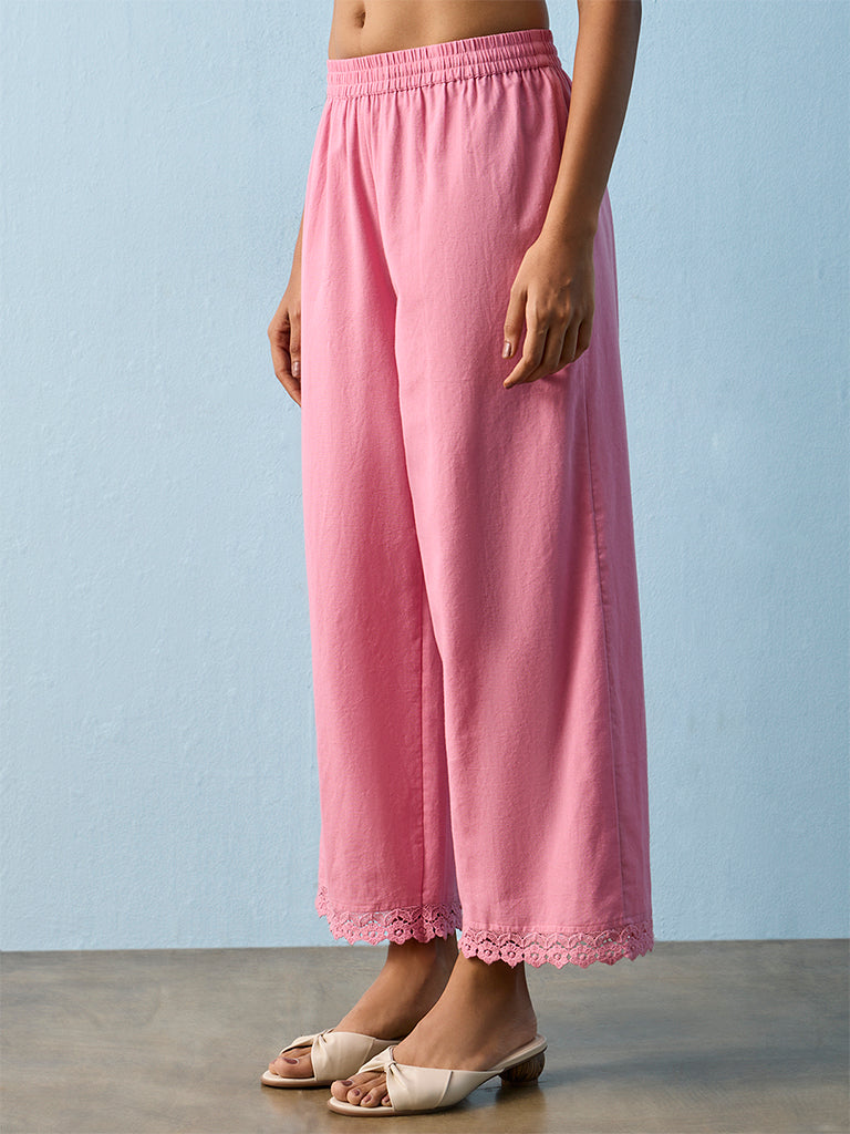 Utsa Pink Floral Lace Detail Cotton Pants