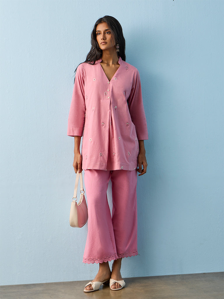 Utsa Pink Floral Lace Detail Cotton Pants
