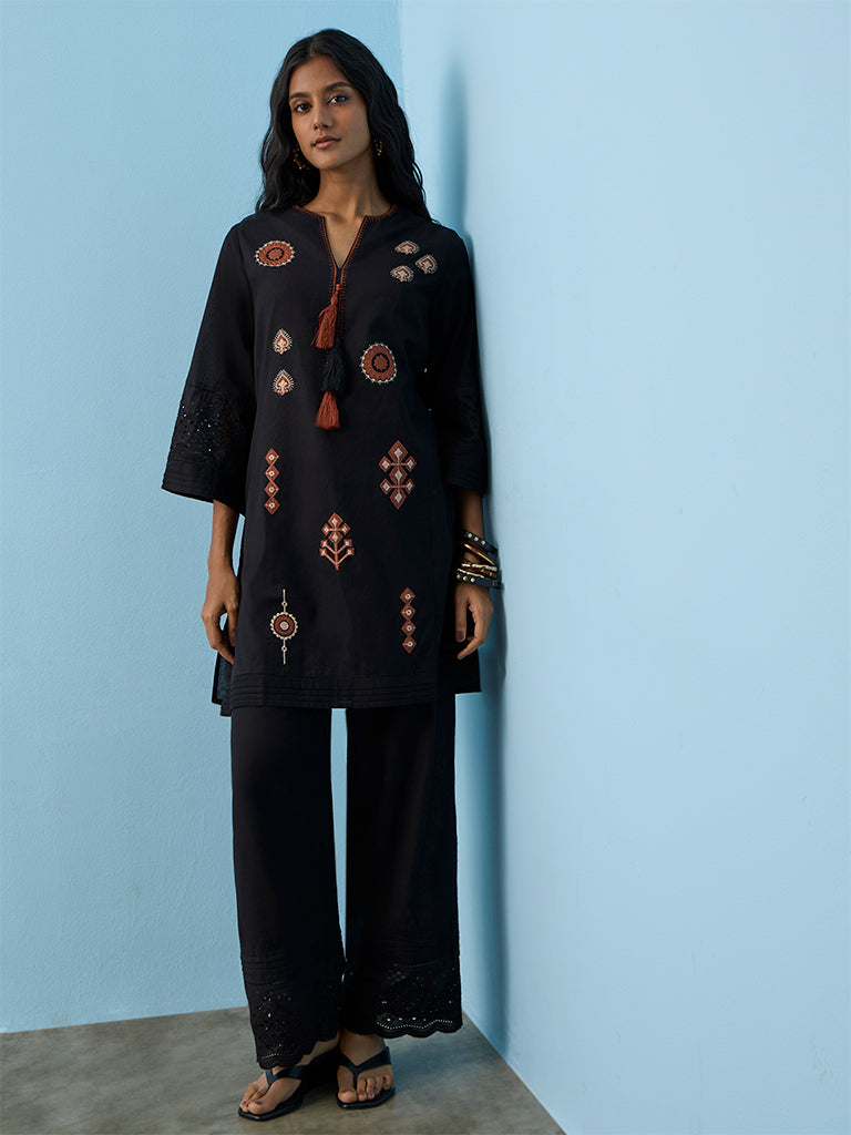 Utsa Black Schiffli Embroidered Cotton-Blend Pants