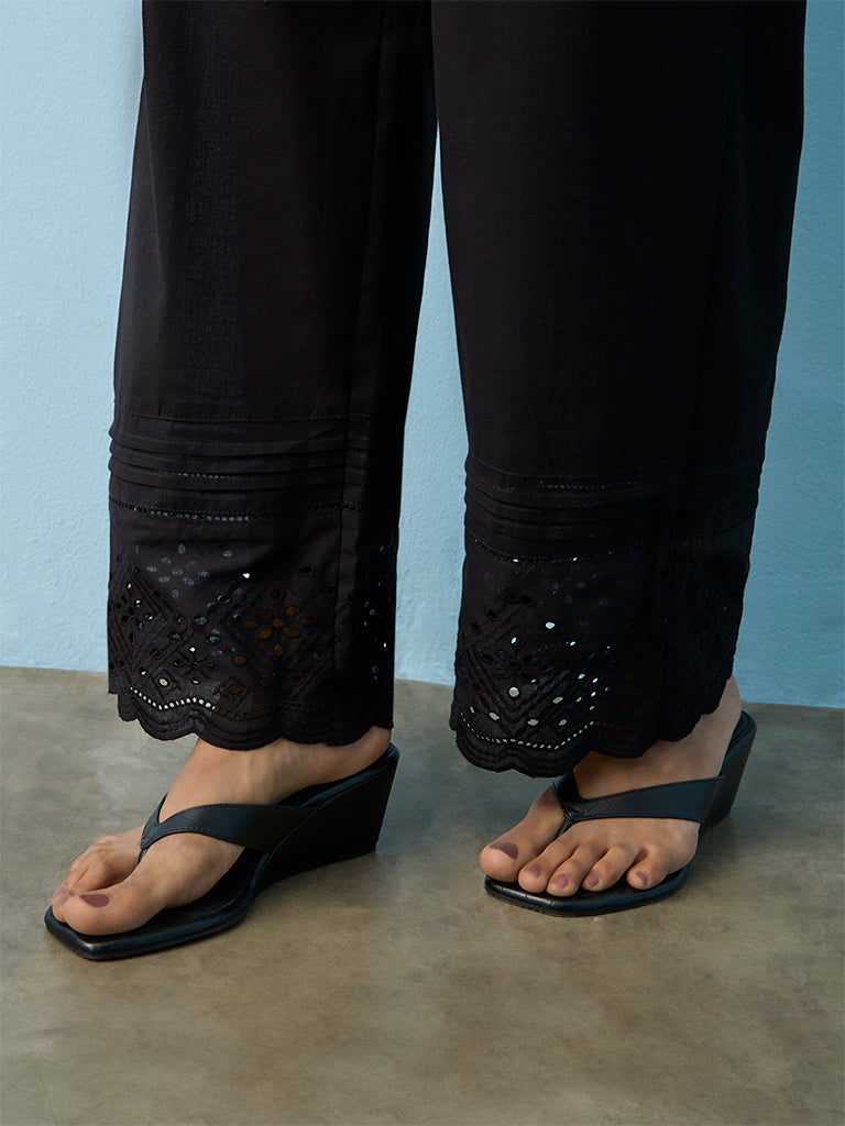 Utsa Black Schiffli Embroidered Cotton-Blend Pants