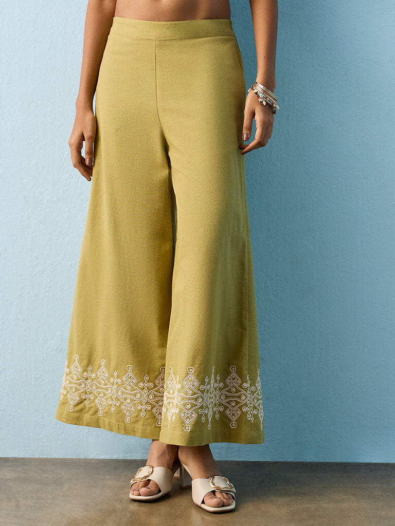 Utsa Green Embroidered Cotton Pants