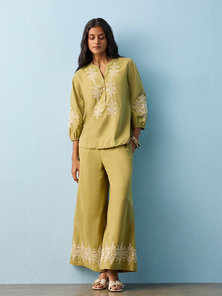 Utsa Green Embroidered Cotton Pants