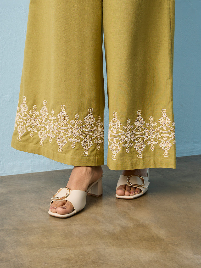 Utsa Green Embroidered Cotton Pants