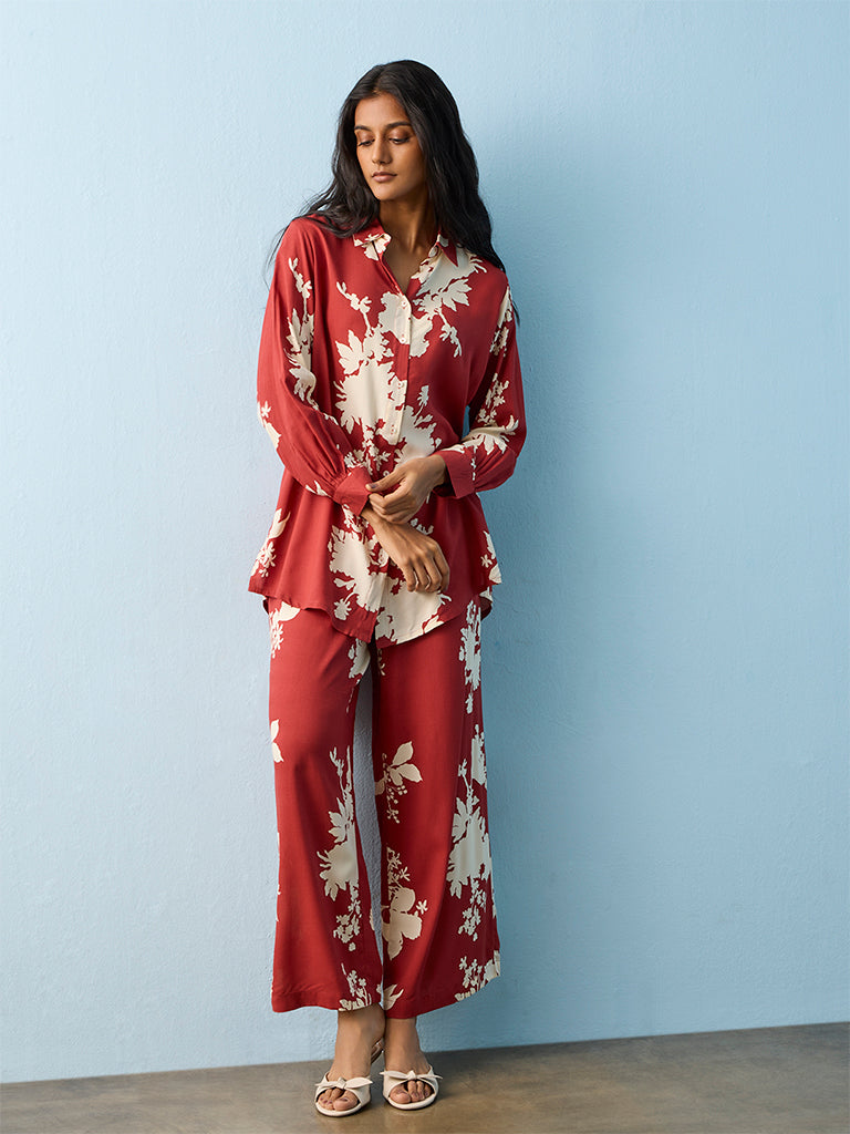 Utsa Red Floral Printed Pants