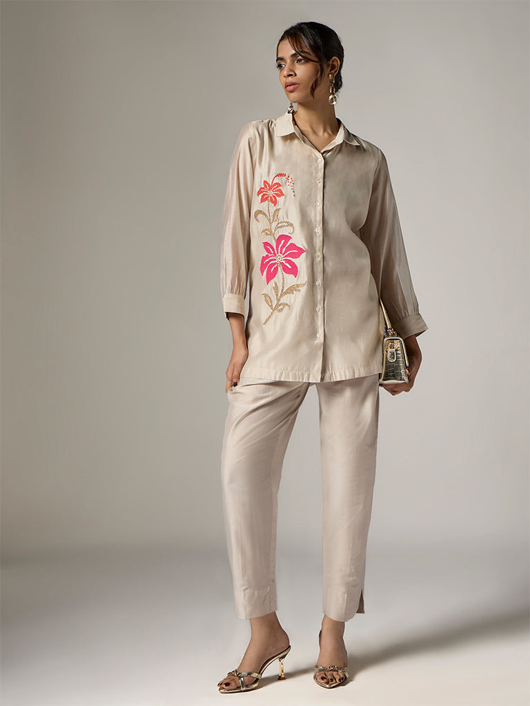 Vark Champagne Floral Embroidered Ethnic Set