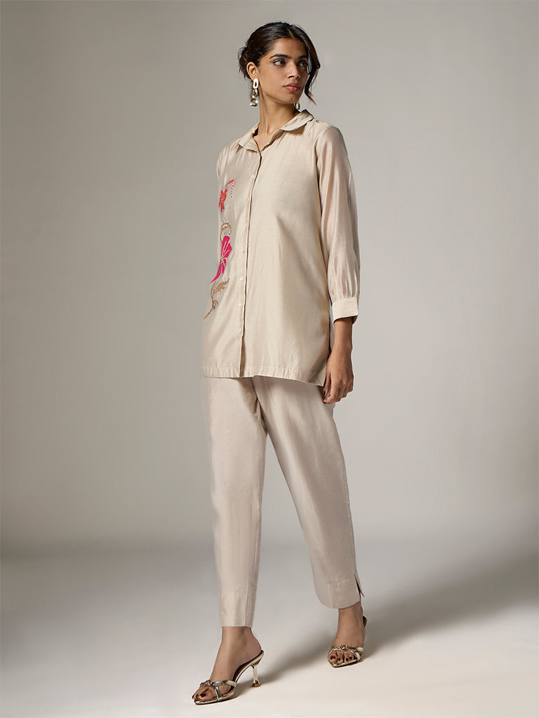 Vark Champagne Floral Embroidered Ethnic Set
