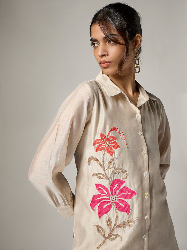 Vark Champagne Floral Embroidered Ethnic Set
