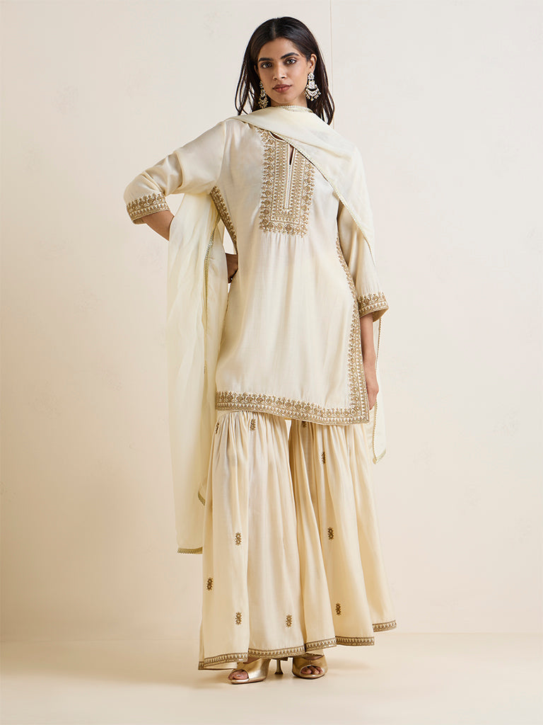 Vark Cream Embroidered A-Line Ethnic Set
