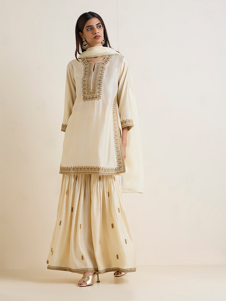 Vark Cream Embroidered A-Line Ethnic Set