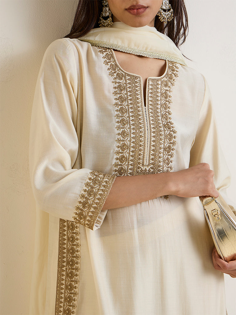 Vark Cream Embroidered A-Line Ethnic Set