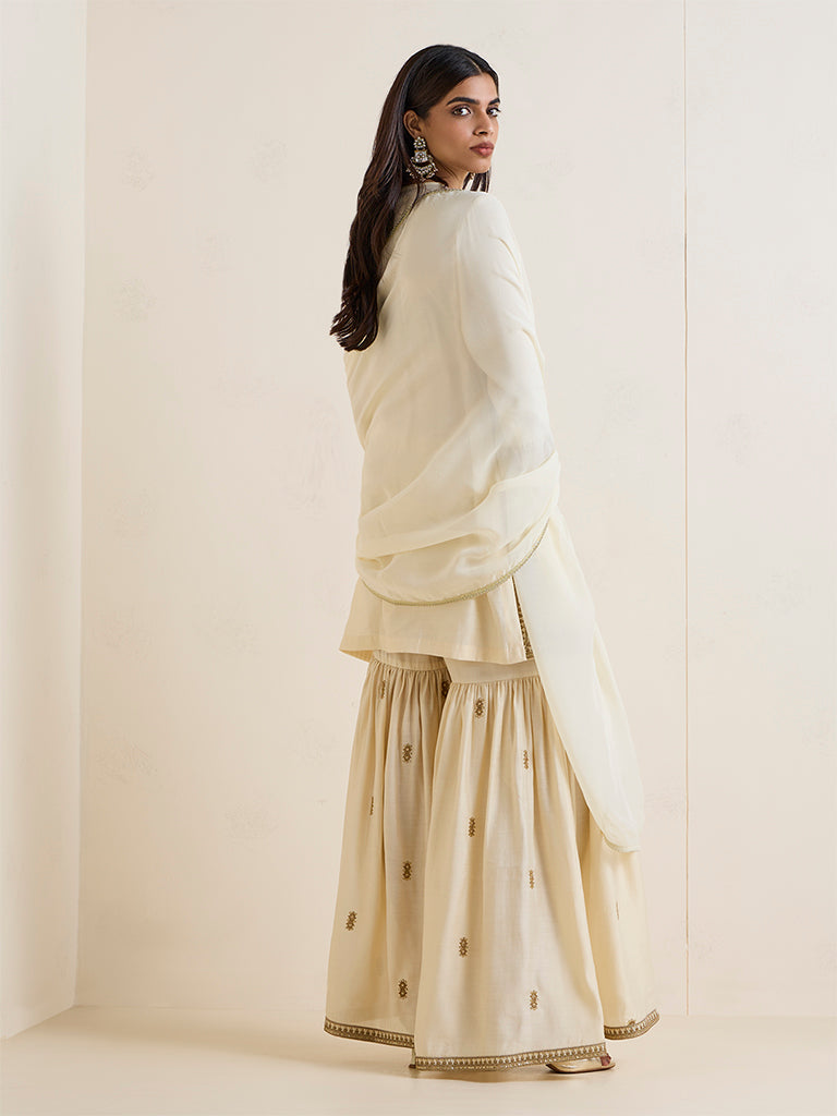 Vark Cream Embroidered A-Line Ethnic Set