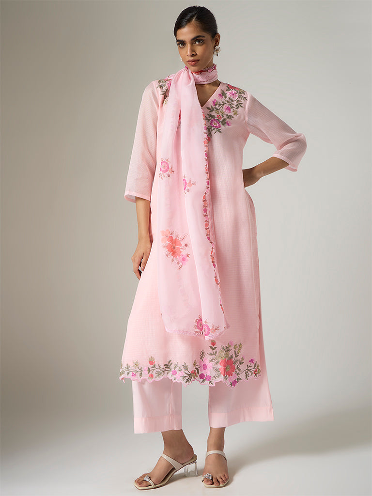 Vark Light Pink Floral Embroidered A-Line Ethnic Set