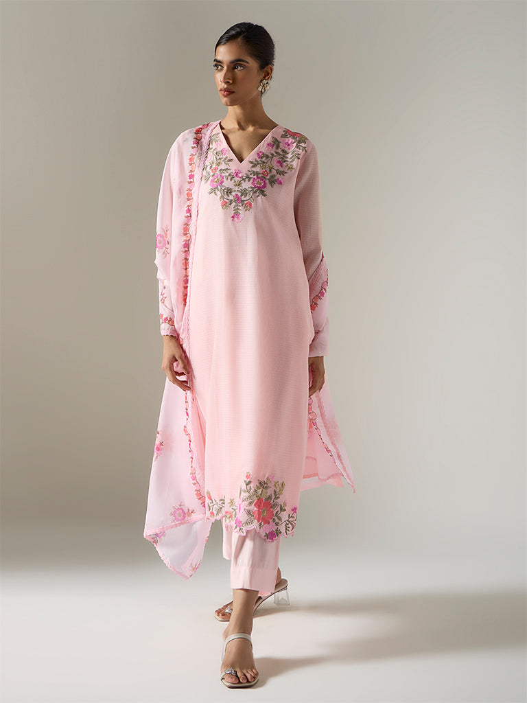 Vark Light Pink Floral Embroidered A-Line Ethnic Set