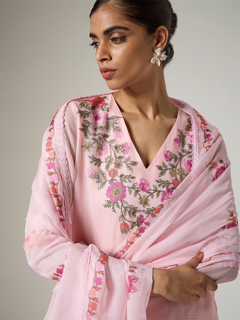 Vark Light Pink Floral Embroidered A-Line Ethnic Set