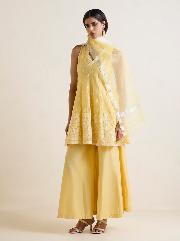 Vark Yellow Floral Embroidered A-Line Ethnic Set