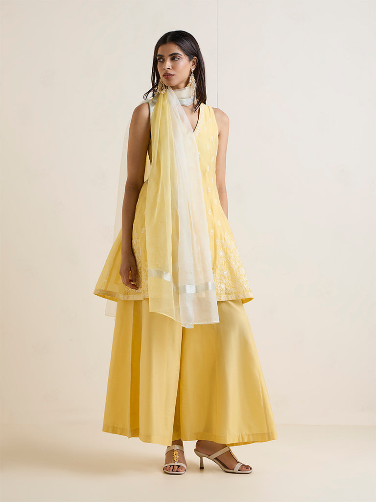 Vark Yellow Floral Embroidered A-Line Ethnic Set