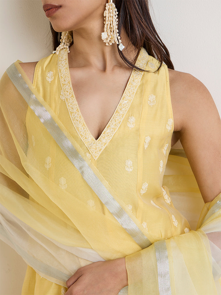 Vark Yellow Floral Embroidered A-Line Ethnic Set