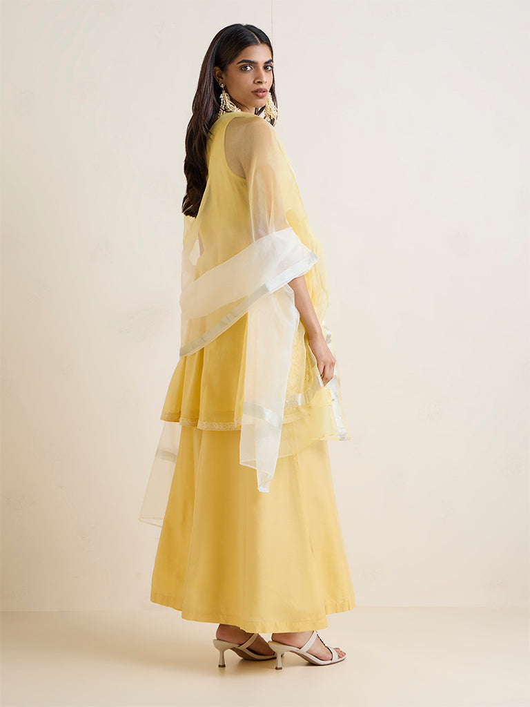Vark Yellow Floral Embroidered A-Line Ethnic Set