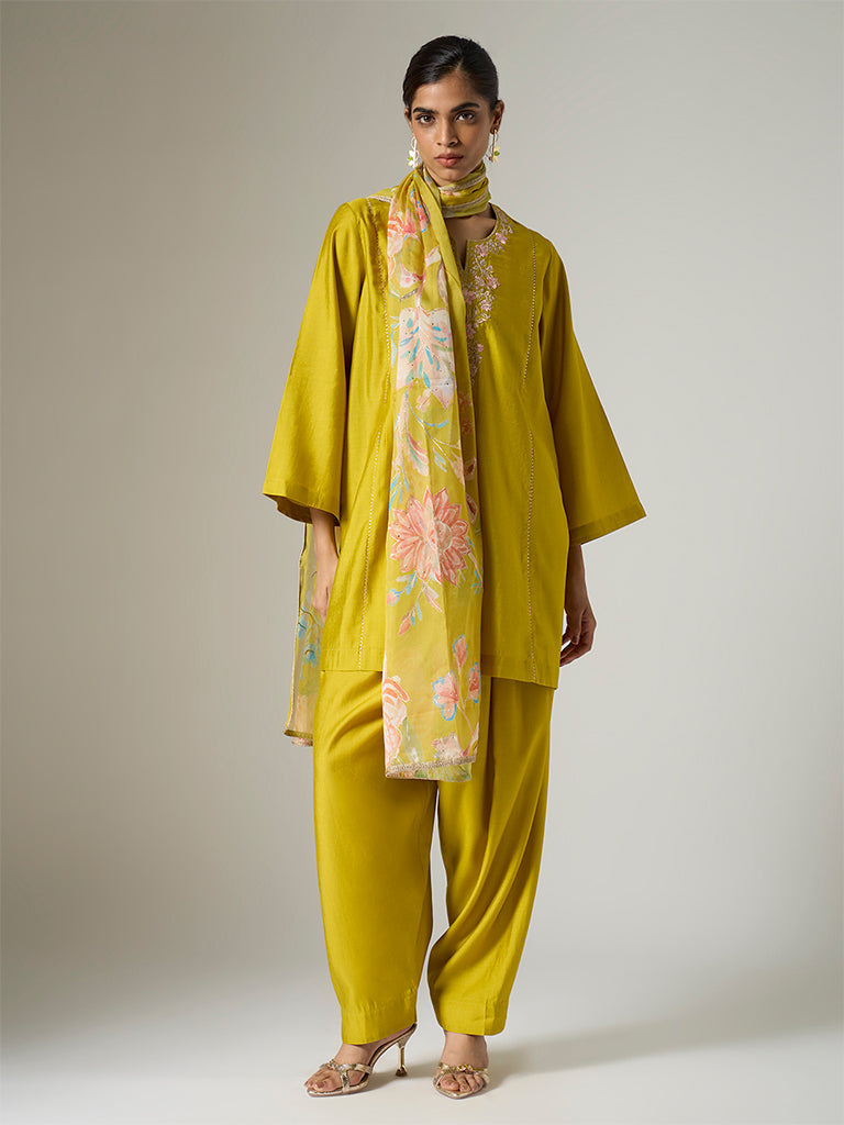 Vark Lime Floral Embroidered A-Line Ethnic Set