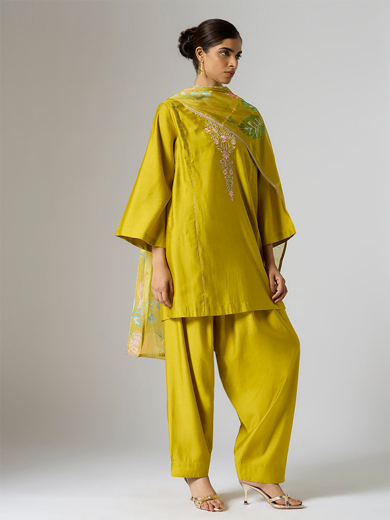 Vark Lime Floral Embroidered A-Line Ethnic Set
