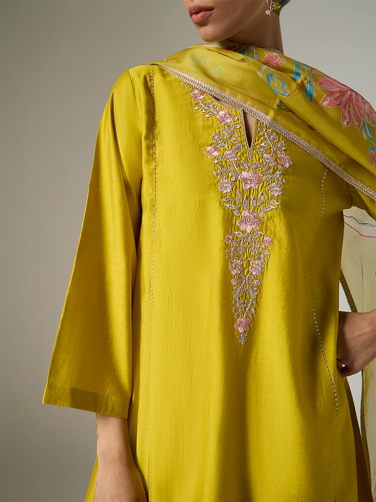 Vark Lime Floral Embroidered A-Line Ethnic Set