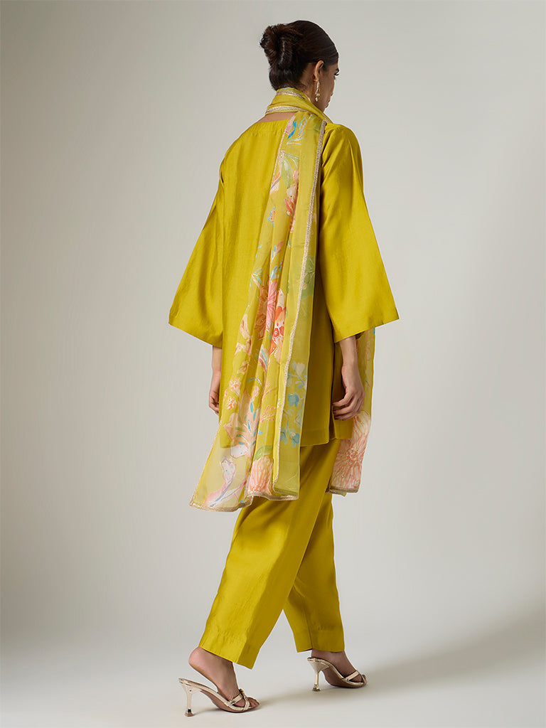 Vark Lime Floral Embroidered A-Line Ethnic Set