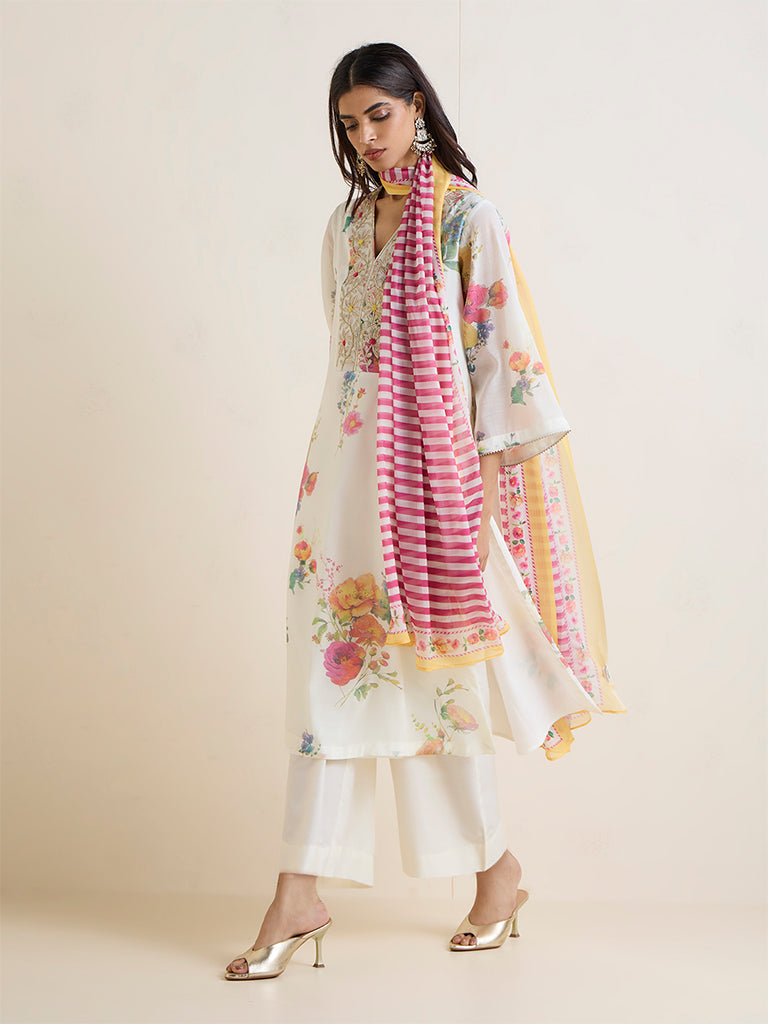 Vark White Floral Printed A-Line Ethnic Set