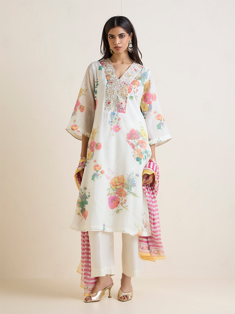 Vark White Floral Printed A-Line Ethnic Set