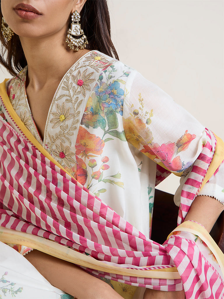 Vark White Floral Printed A-Line Ethnic Set