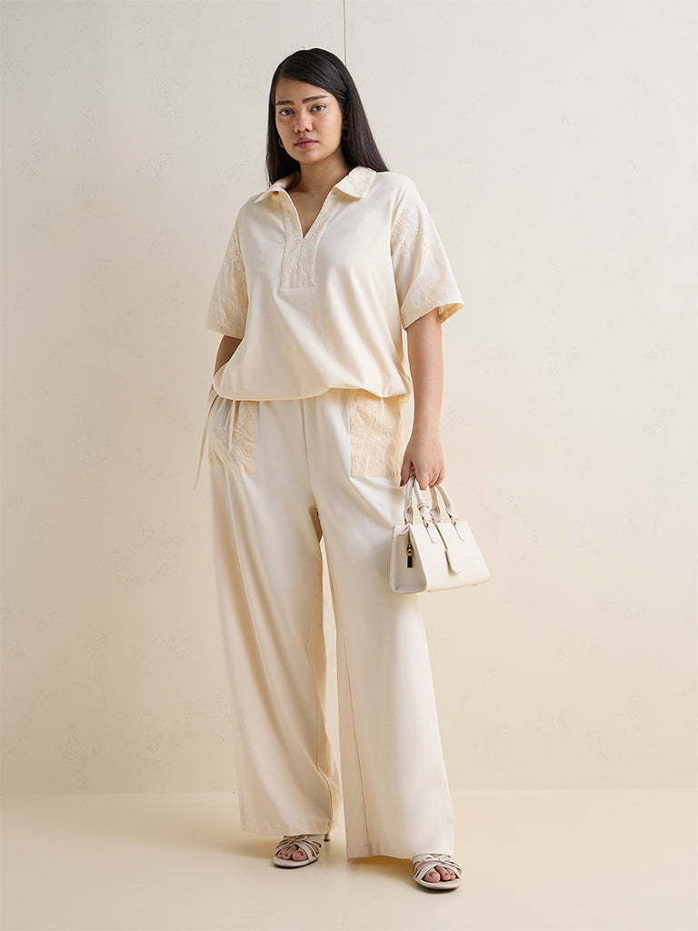 Gia Cream Floral Embroidered High-Rise Cotton-Blend Pants