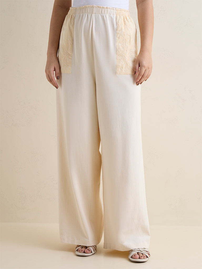 Gia Cream Floral Embroidered High-Rise Cotton-Blend Pants