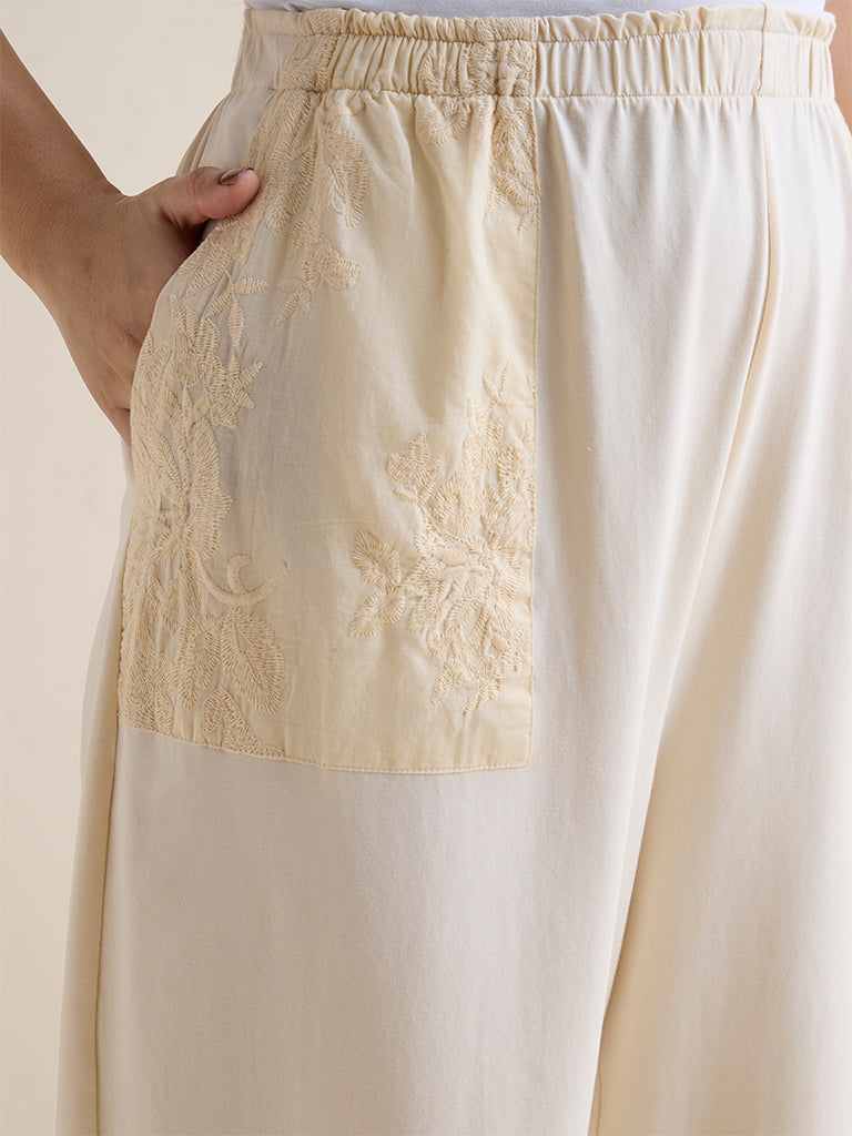 Gia Cream Floral Embroidered High-Rise Cotton-Blend Pants