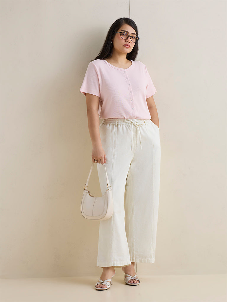Gia Light Pink Ribbed-Textured Cotton-Blend T-Shirt