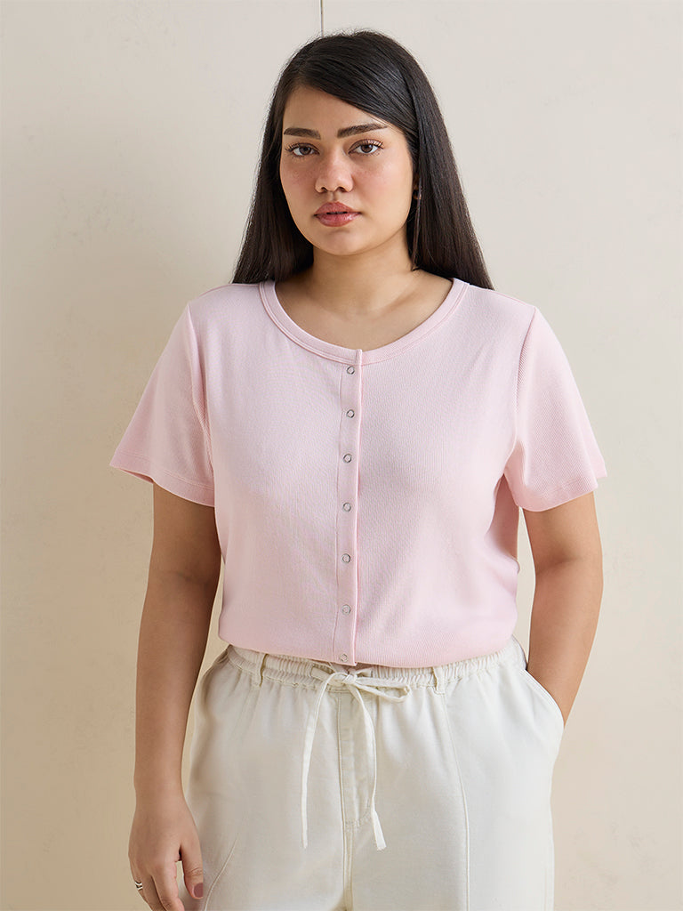 Gia Light Pink Ribbed-Textured Cotton-Blend T-Shirt
