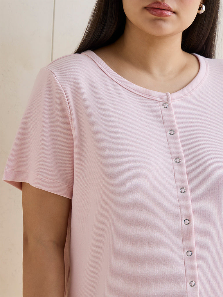 Gia Light Pink Ribbed-Textured Cotton-Blend T-Shirt